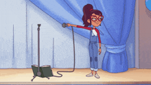 a cartoon of a girl holding a microphone on a stage