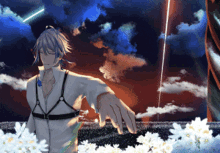 a pixel art of a man standing in a field of white flowers
