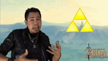 a man is standing in front of a zelda breath of the wild poster