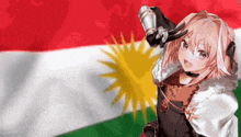 a girl is holding a sword in front of a kurdish flag .
