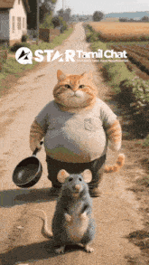 a cat and a mouse are walking down a dirt road with a star tamil chat logo