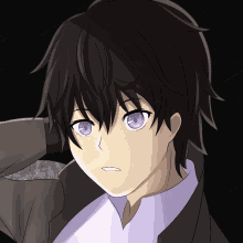 a drawing of a boy with purple eyes