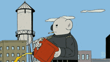 a cartoon of a man holding a red gas can
