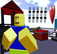 a roblox character with a sad face is standing in front of a playground .