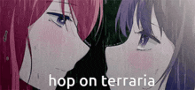 two anime girls kissing in the rain with the words hop on terraria