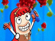 a cartoon character is holding a bouquet of red roses in her hand