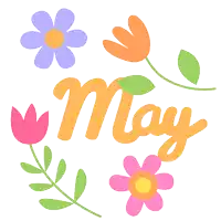 the word may is surrounded by flowers and leaves on a white background