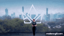a woman is standing in front of a city skyline with a make a gif.com logo behind her