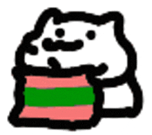 a cartoon cat is eating a pink and green hamburger .