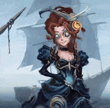 a drawing of a woman in a blue dress standing in front of a ship