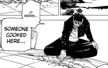 a black and white drawing of a man kneeling on the floor with the words `` it seems someone cooked here '' .