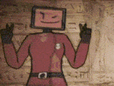 a cartoon character with a computer monitor on his head giving a peace sign