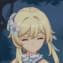 a picture of a girl with a flower in her hair and the words cici smile