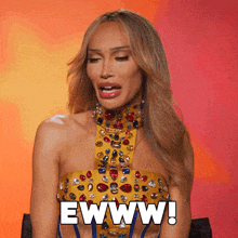 a woman in a yellow and blue dress says eww