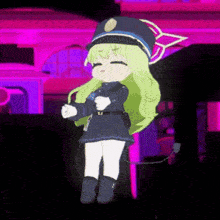 a girl with green hair is wearing a police uniform and holding a gun
