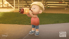 a cartoon character drinking from a bottle that says win or lose on it