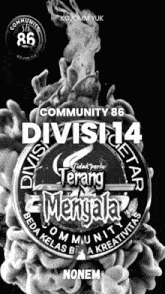 a black and white poster that says community 86 on it