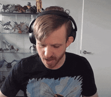 a man wearing headphones and a black shirt with a picture of a fly on it