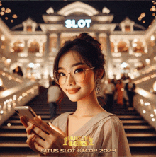 a woman is holding a cell phone in front of a building that has the word slot on it