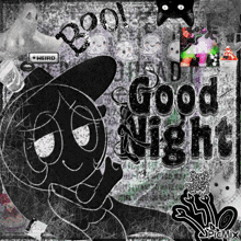 a black and white drawing of a cat with the words " good night " on it