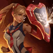 a woman is holding a red shield in her hand .