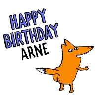 a cartoon fox with the words happy birthday arne written above it