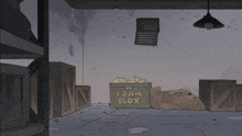a cartoon drawing of a room with boxes and a box that says foam blox on it