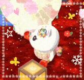a cartoon character is sitting on a red carpet with a lantern and a balloon .