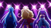 three anime girls are standing in front of a purple background