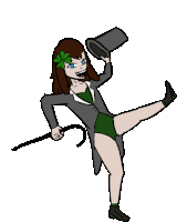 a cartoon drawing of a woman holding a top hat and a cane .