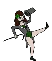 a cartoon drawing of a woman holding a top hat and a cane .