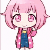 a cartoon girl with pink hair is wearing overalls and a pink coat .