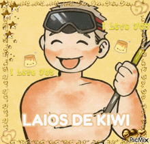 a cartoon of a shirtless man holding a surfboard with the words " laios de kiwi " written on the bottom