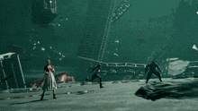 a woman in a white tank top is holding a sword in her hand