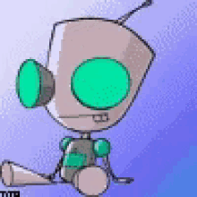 a pixel art drawing of a robot with green eyes sitting on a blue background .