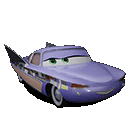 a purple car from the movie cars is sitting on a white background .