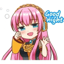 a cartoon girl with pink hair and headphones is saying `` good night '' .