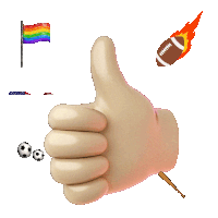 a hand giving a thumbs up with a rainbow flag a football and a baseball in the background