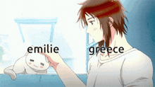 a man petting a cat with the words emilie and greece written above him