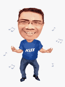 a man wearing a blue shirt with the word kiss on it is dancing