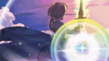 a pixel art of a girl holding a sword in a rainbow colored sphere .