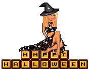 a woman in a witch costume is sitting on blocks that say happy halloween