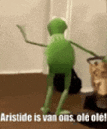 a green kermit the frog is dancing in a room with the words aristode is van ons ole ole !