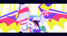 a colorful drawing of a cartoon character with a hat on