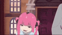 a pink haired anime girl is standing in front of a building with a door .
