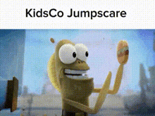 a cartoon character is holding a candy in his hand and smiling .