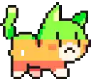 a pixel art drawing of a cat with a green tail and a green hat .