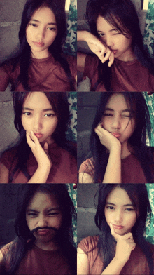 a collage of images of a woman making different faces including one with a fake mustache