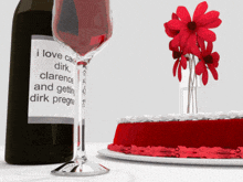 a bottle of wine with a label that says " i love cake dirk clarence and getting dirk pregnant "