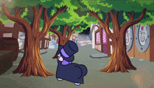 a cartoon drawing of a man in a top hat standing in the middle of a forest